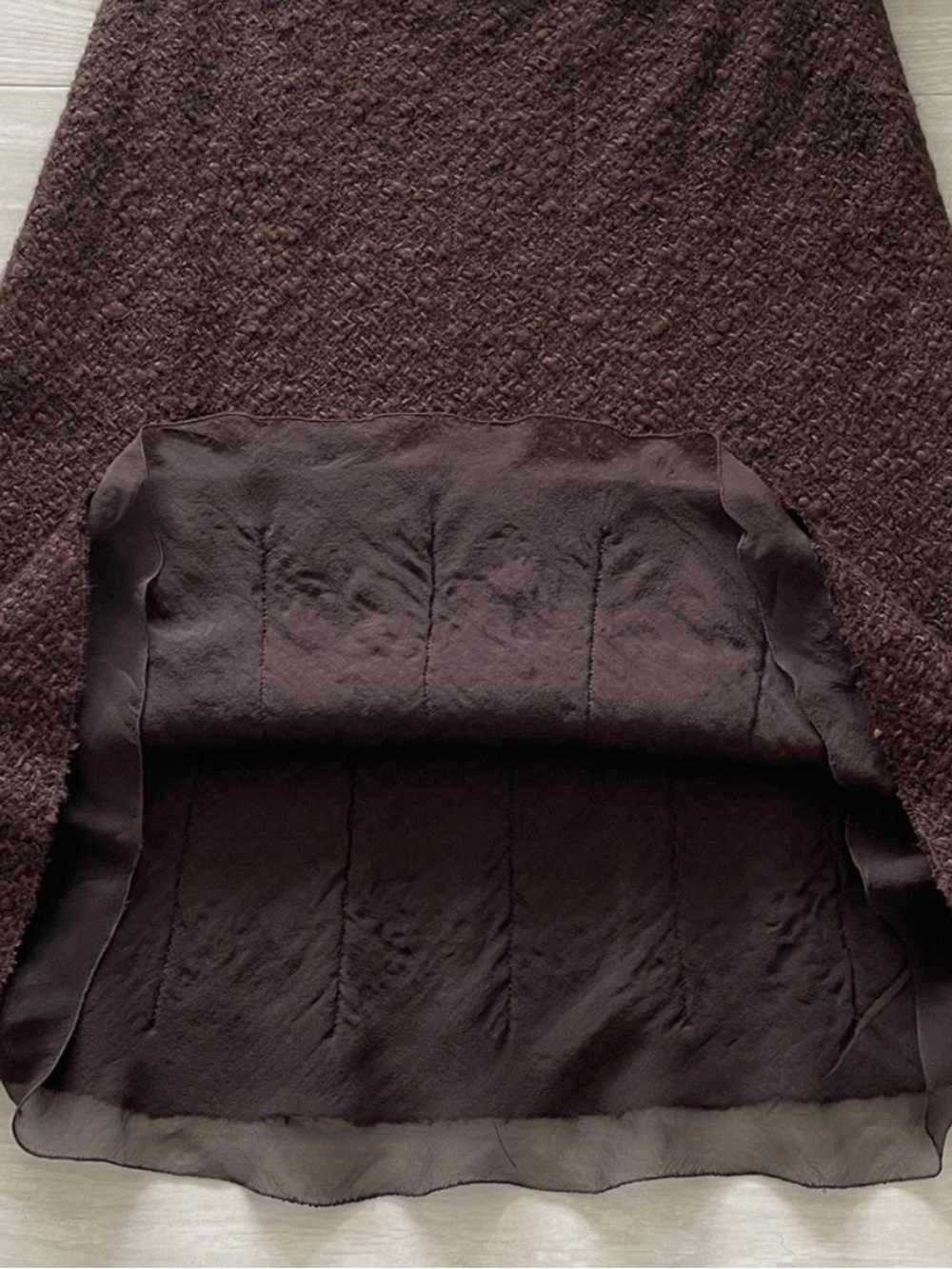 Prada Brown Textured Bouclé Wool Blend ALine Midi Skirt Chiffon LinedChiffon Hem - Picture 8 of 11